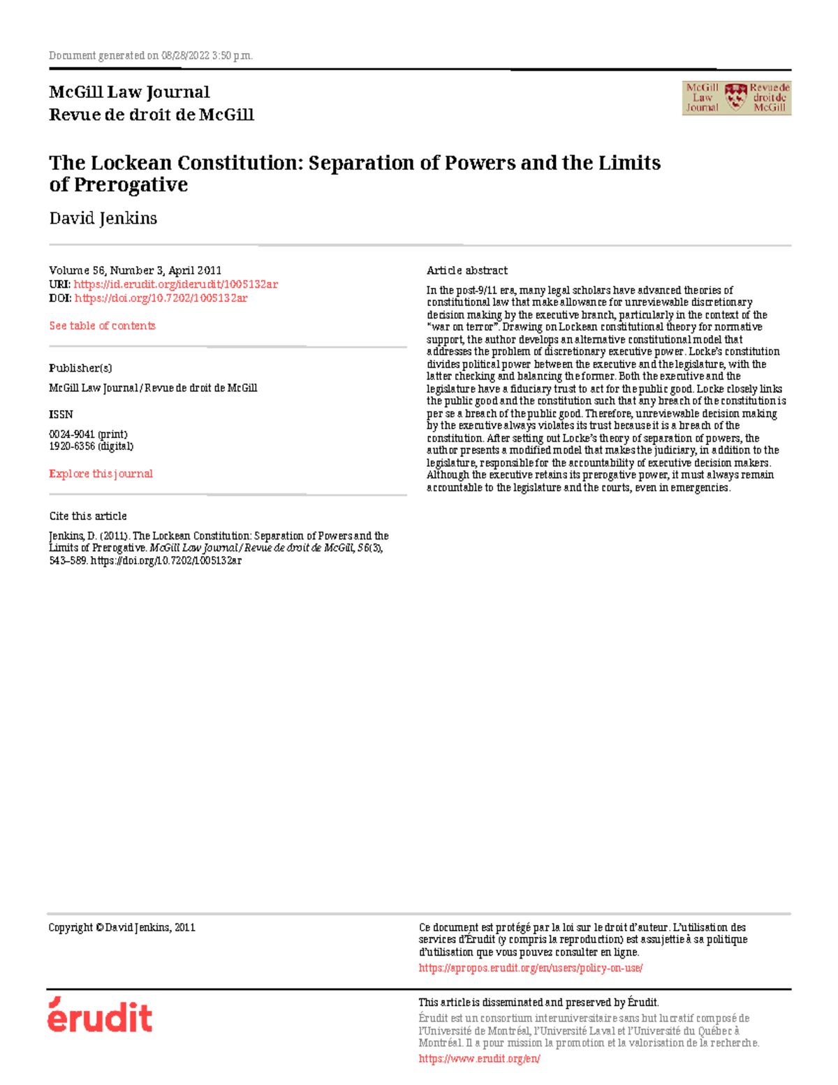 The Lockean Constitution: Separation of Powers & Executive Prerogative ...