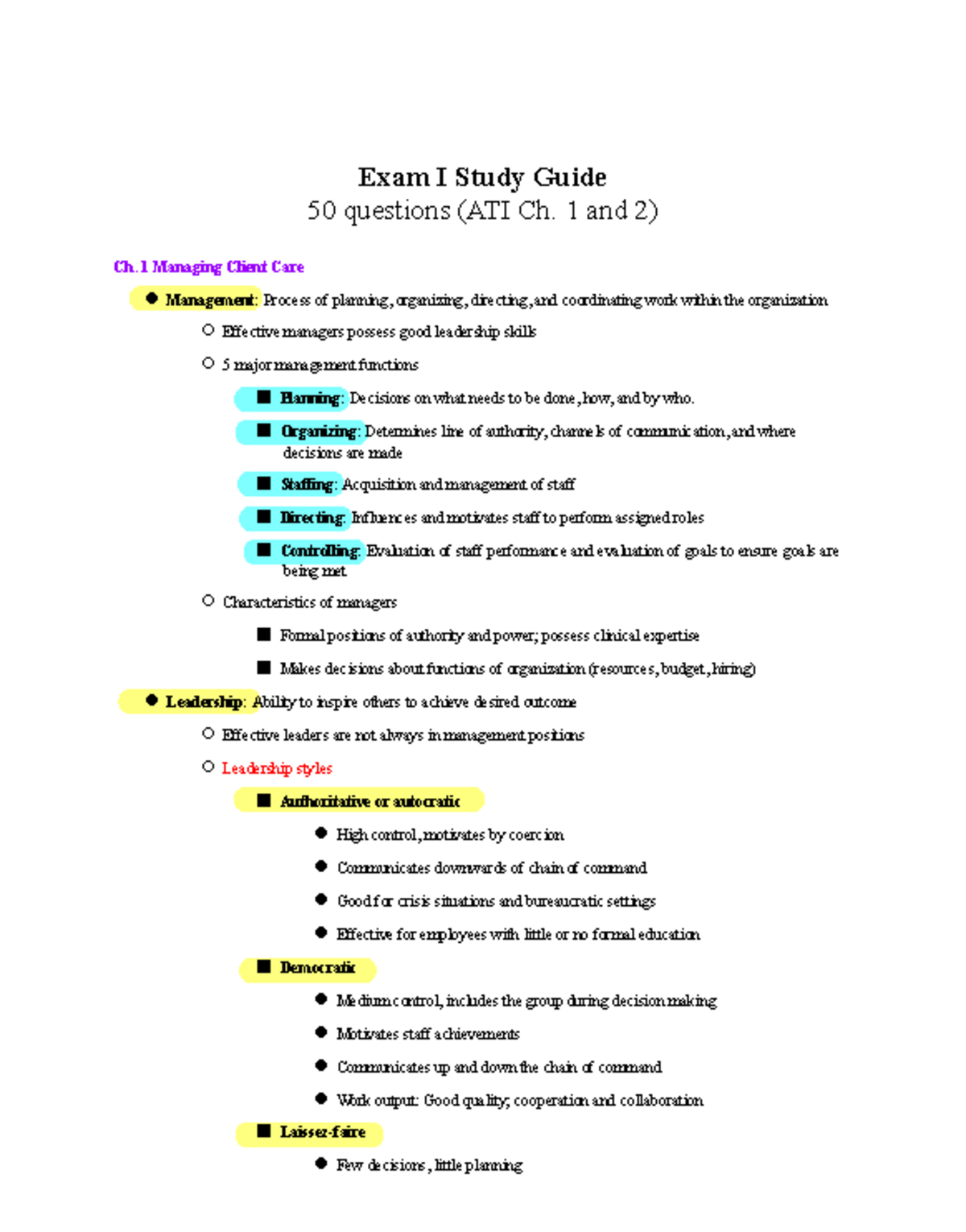 Exam I Study Guide - 1 and 2) Ch. 1 Managing Client Care Management ...
