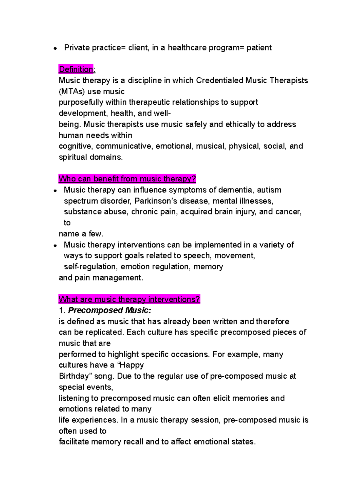 Music 2MT3 - week 1 notes - Private practice= client, in a healthcare ...