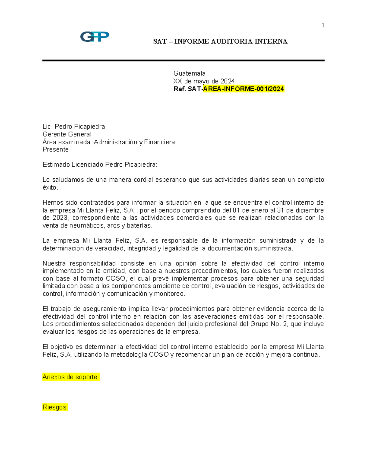 INFORME AUDITORIA INTERNA SAT-AREA-INFORME-001 - CONTROL INTERNO 2024 ...