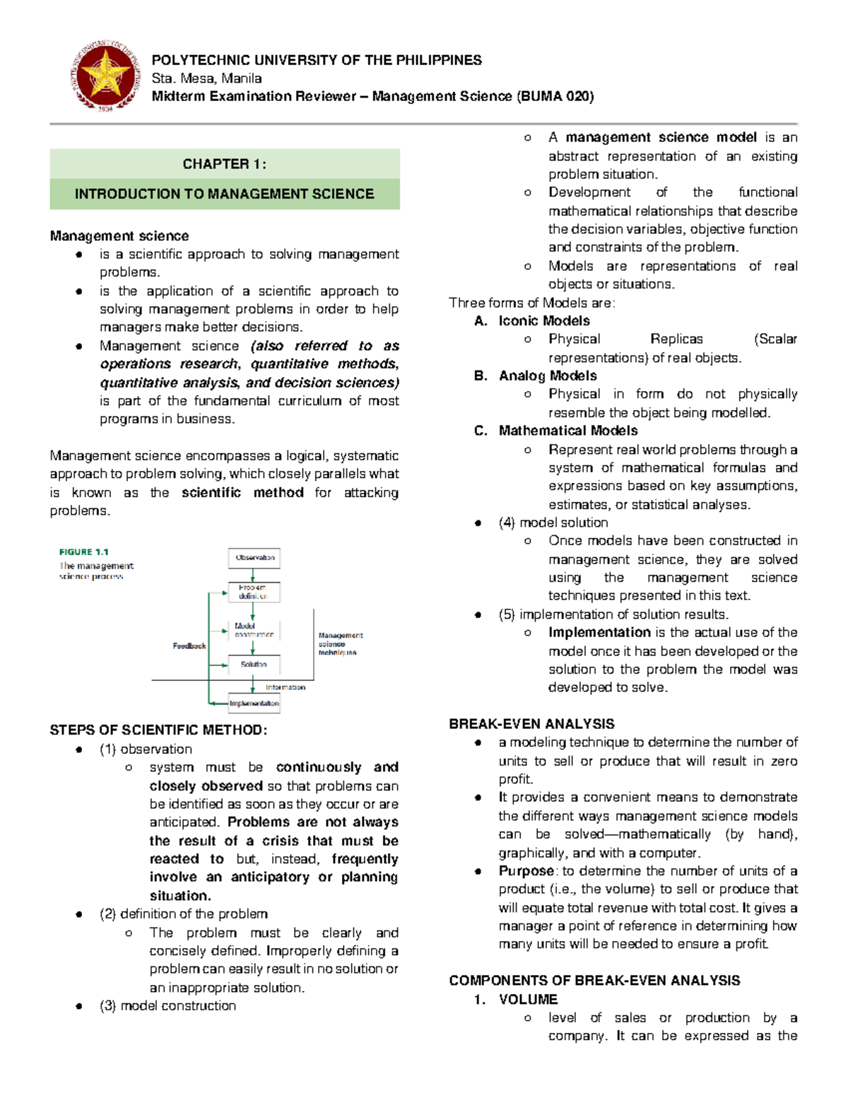 BUMA 020 Management Science Midterm Exam Reviewer: Chapter 1 Insights ...