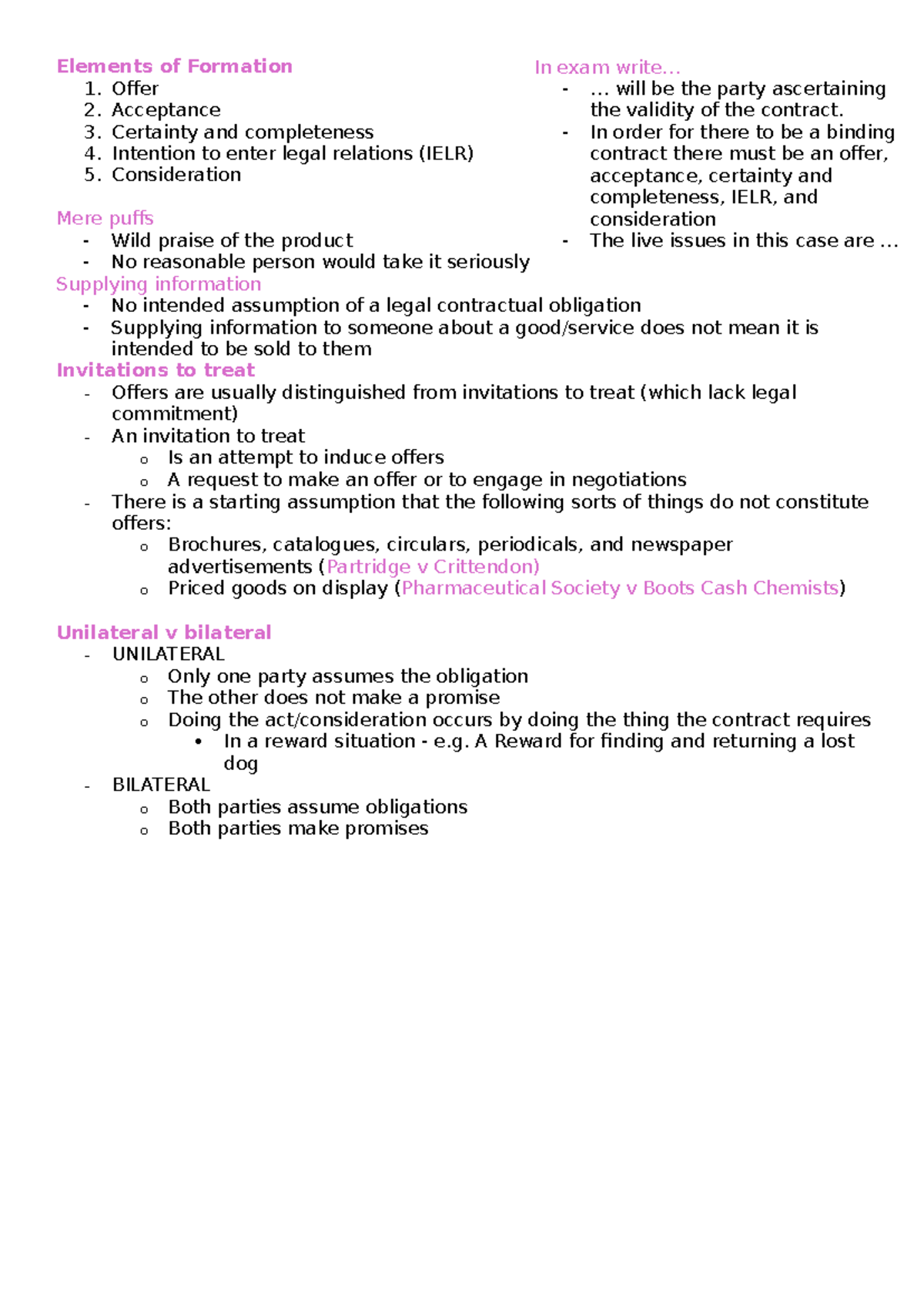 Contract law A exam notes - Elements of Formation 1. Offer 2 ...