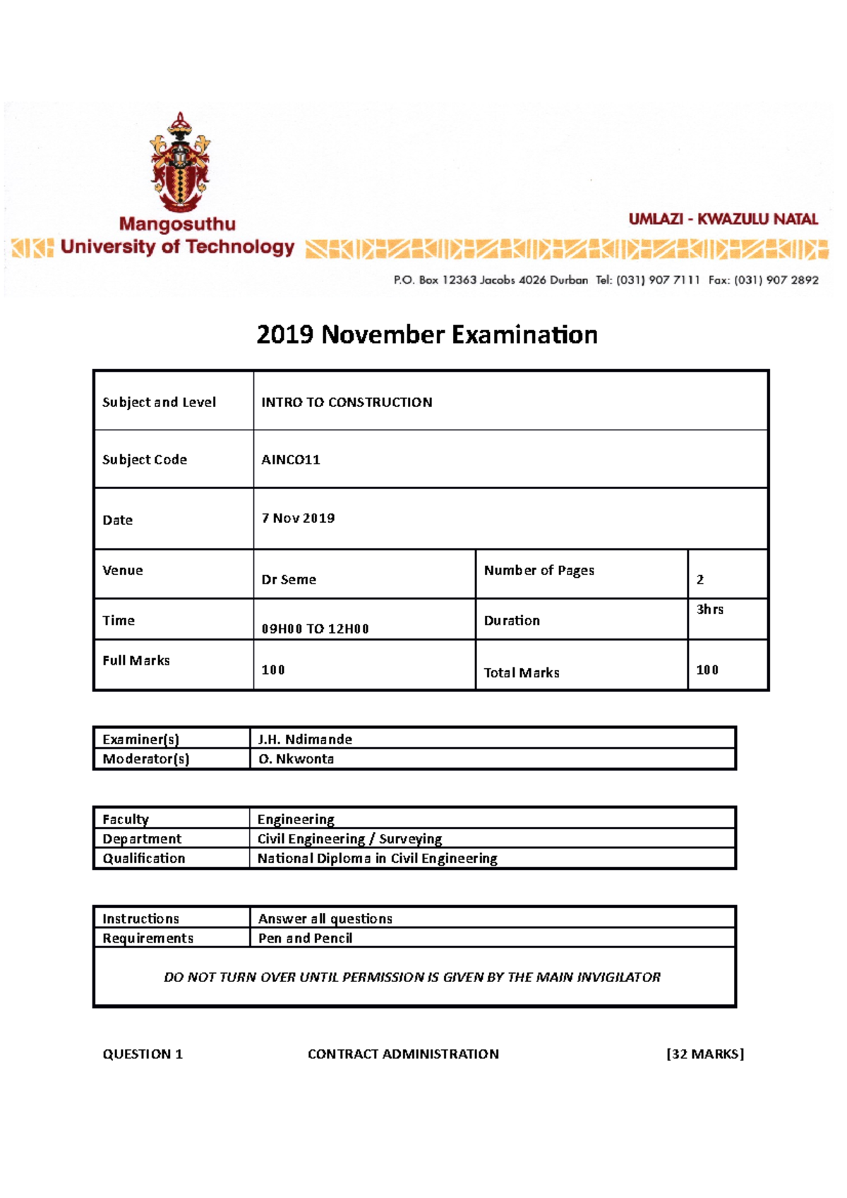 2019 Nov Exam - Intro to Construction (AINCO) Questions & Marks - Studocu