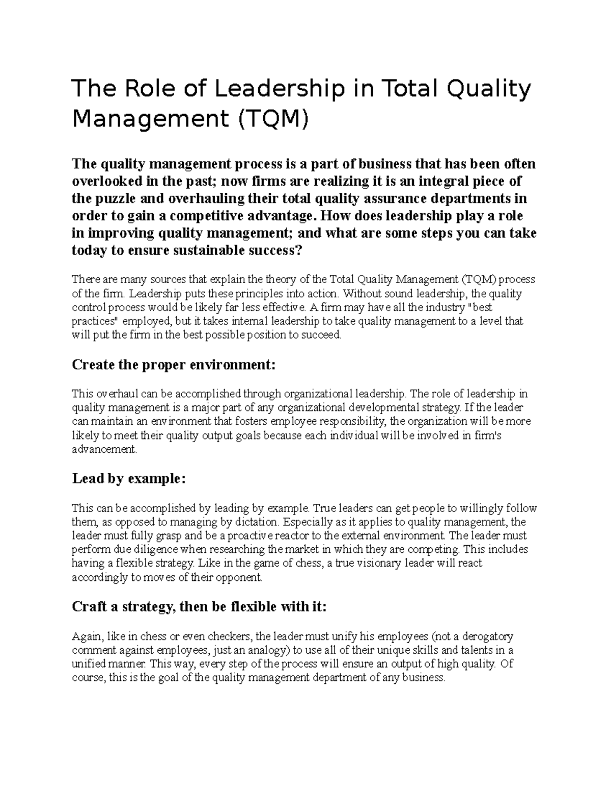 The Role of Leadership in Total Quality Management - The Role of ...