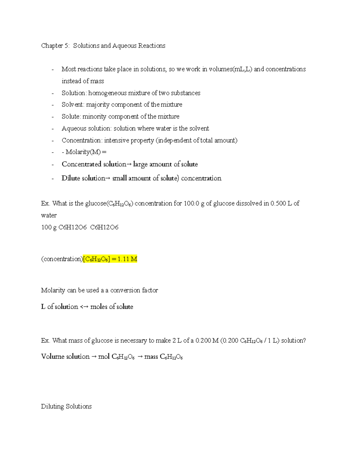 Chapter 5 Solutions & Aqueous Reactions Overview for CHEM101 - Studocu