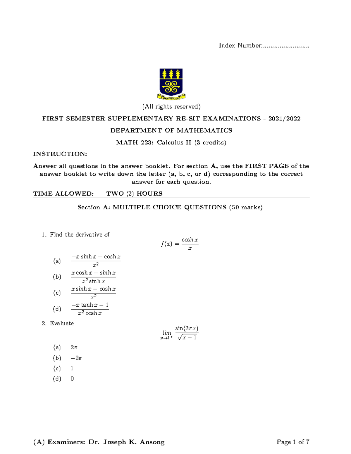 MATH 223 Final Exam Supplementary 2021 - Calculus II Questions - Studocu