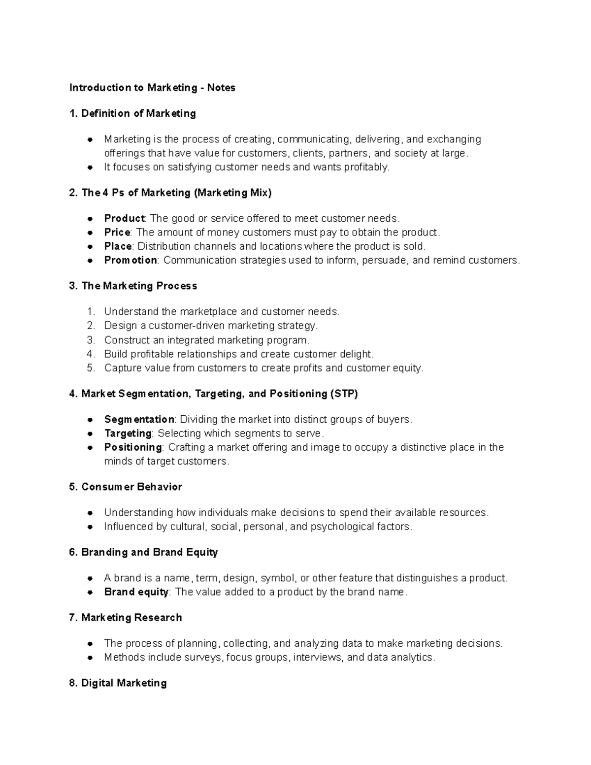 Introduction to Marketing - Key Concepts and Notes - Studocu