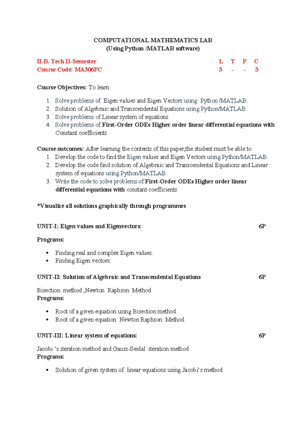 MA306PC Computational Mathematics Lab Syllabus (Python) - Studocu