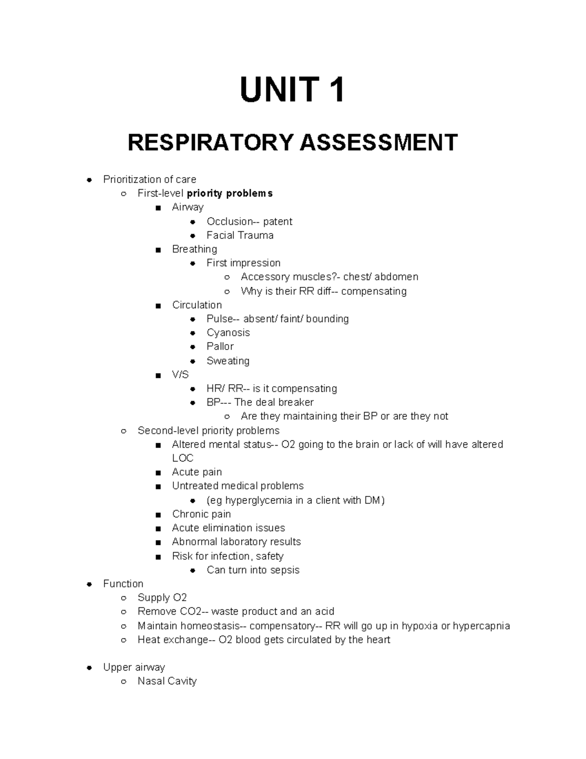 232 Unit 1 - Respiratory Assessment Lecture Notes Guide - Studocu