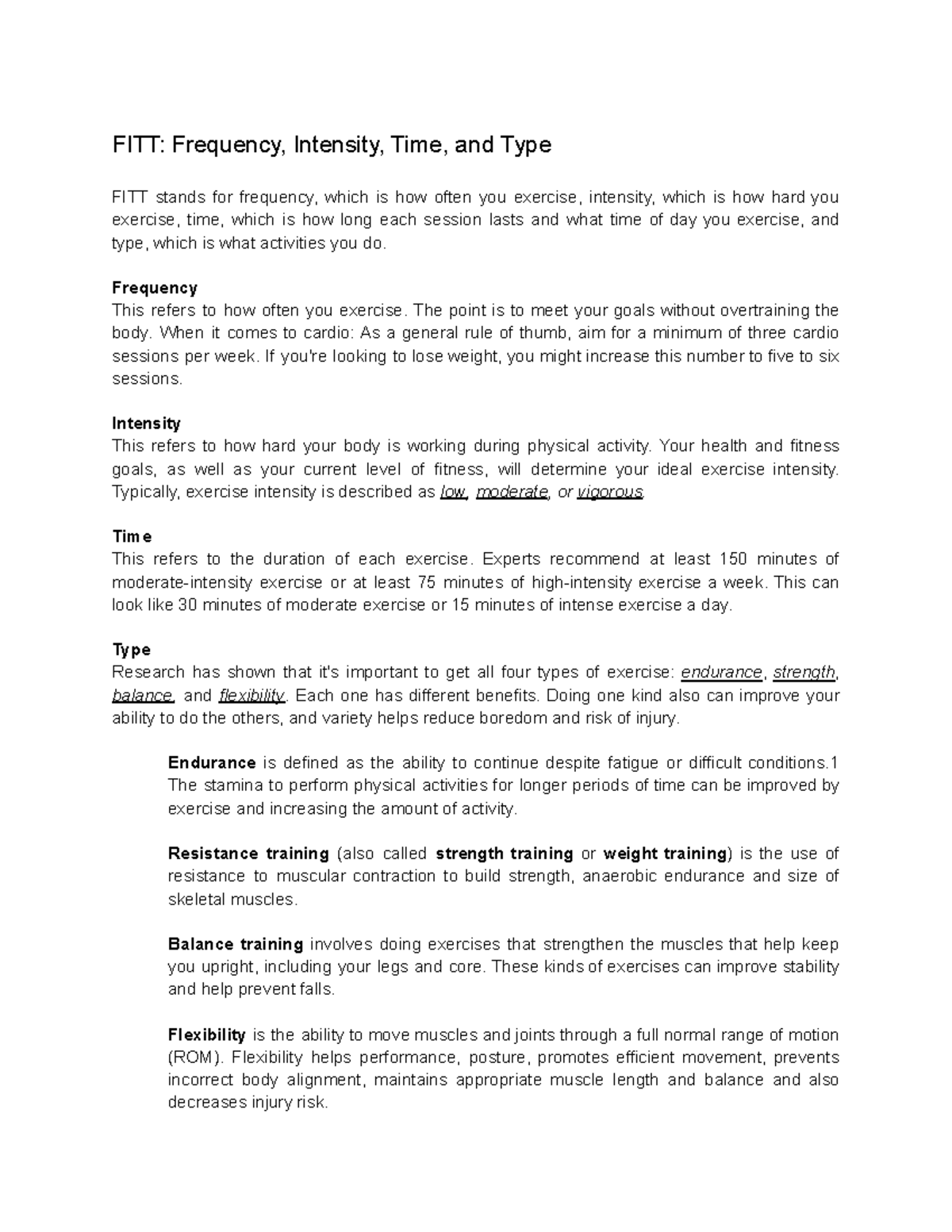 FITT Overview: Frequency, Intensity, Time, and Type Explained - Studocu
