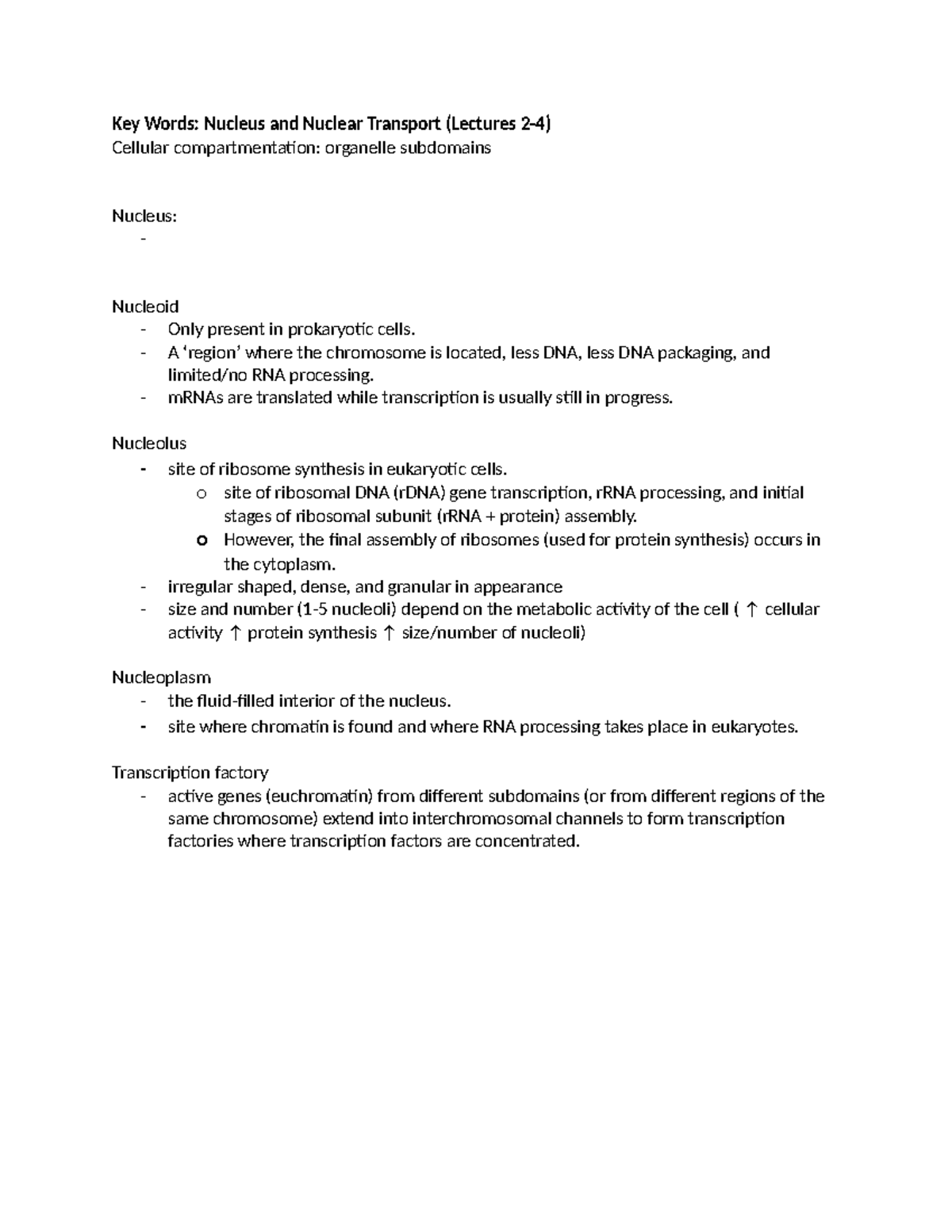 Nucleus Key Words: Summary Notes on Nuclear Transport & Structure - Studocu