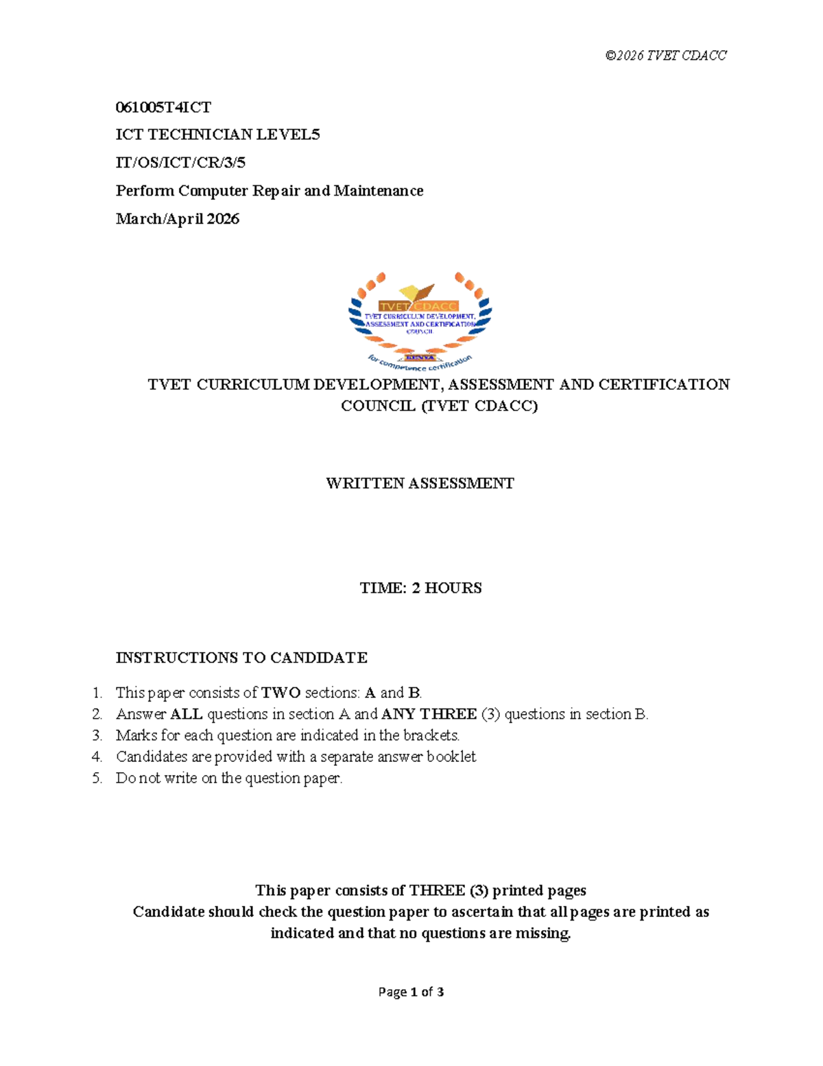 TVET CDACC 061005T4ICT ICT Technician Level 5 Computer Repair Exam 2026 ...