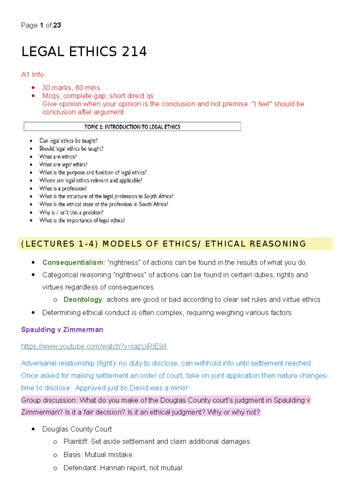 Legal Ethics 214 - A1 Lecture Notes on Ethical Reasoning and Conduct ...