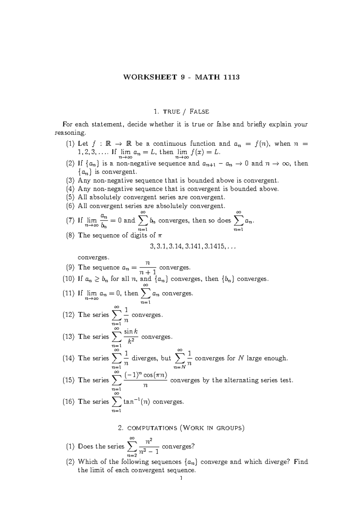 Worksheet 9: True/False Statements in MATH 1 Analysis - Studocu