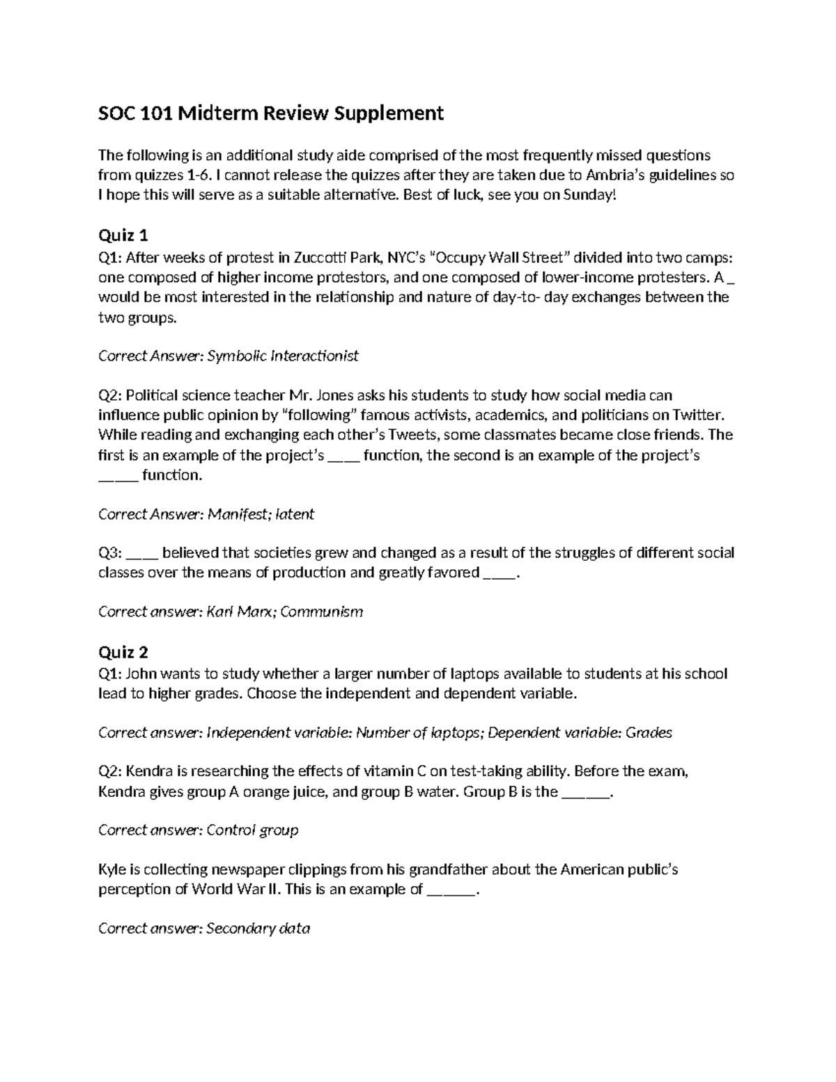 SOC 101 Midterm Review: Key Questions from Quizzes 1-6 - Studocu