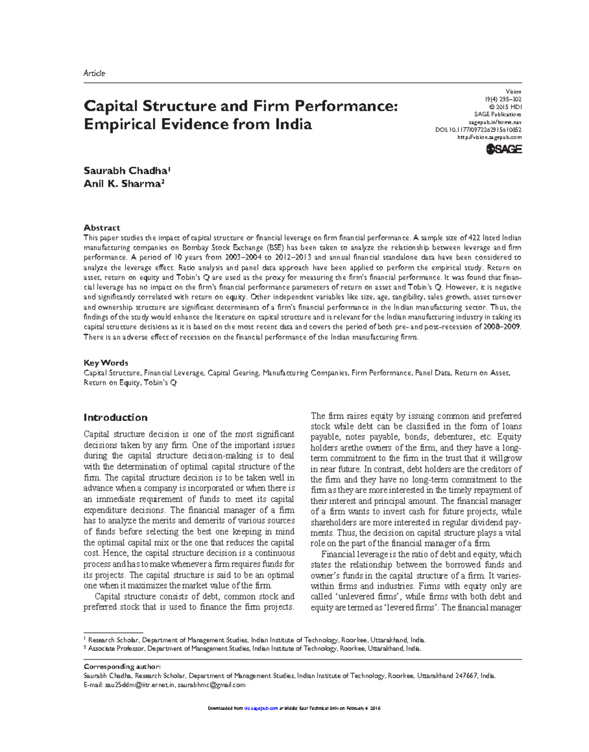 Capital Structure & Firm Performance: Evidence from India (MDI) - Studocu