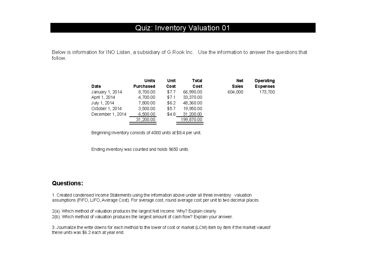 Quiz: Inventory Valuation 01 - Bat Asmt Inventory Analysis - Studocu