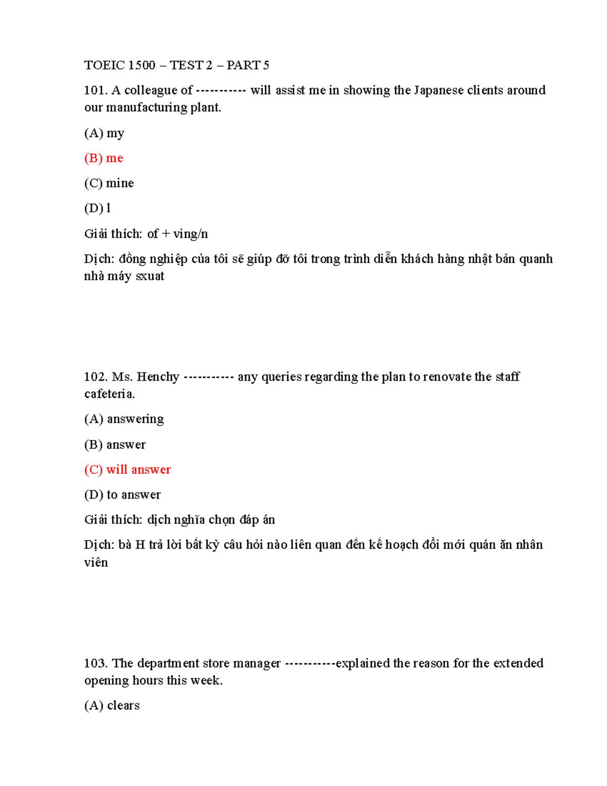 TOEIC 1500 – TEST 2 – PART 5 – Practice Questions and Explanations ...