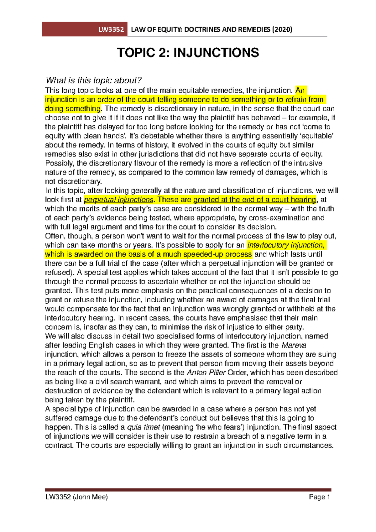 Injunctions: Understanding Equitable Remedies in LW3352 - 2020 - Studocu