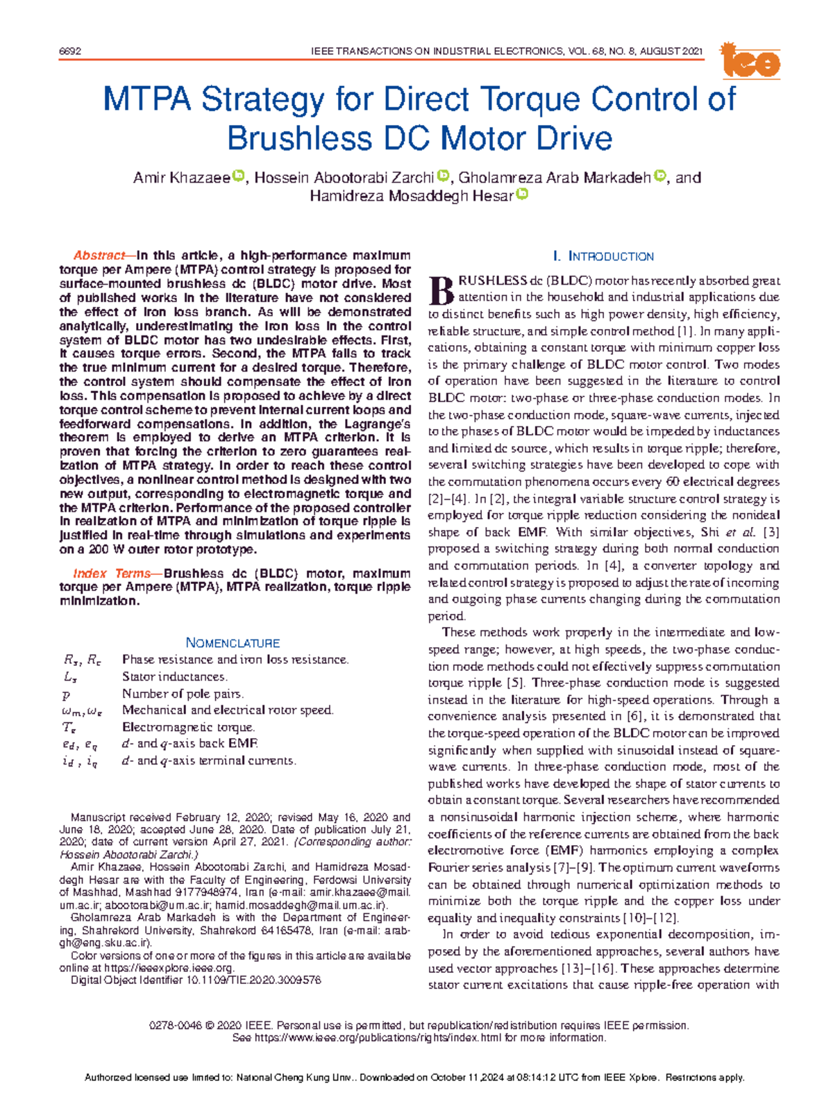 10 MTPA Strategy for Direct Torque Control of Brushless DC Motor Drive ...