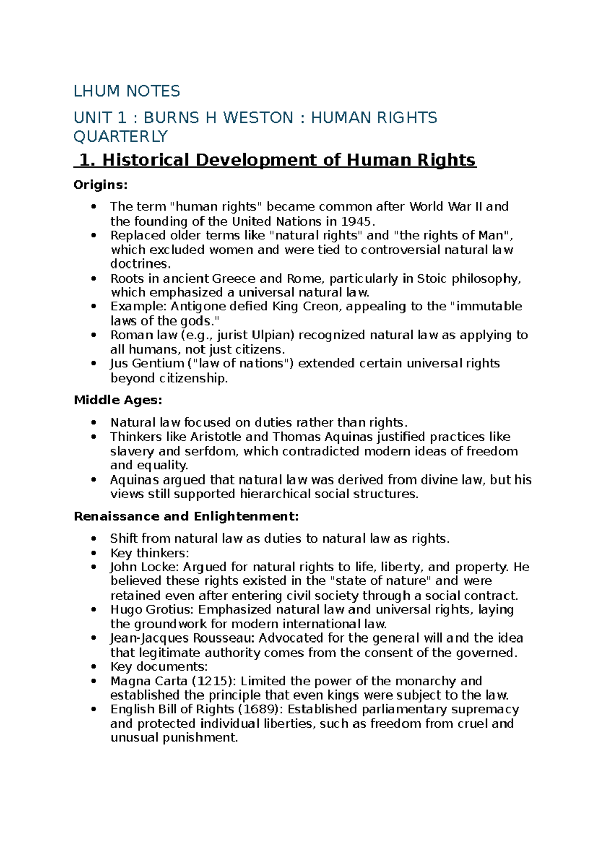 LHUM 101: Historical Development of Human Rights Notes - Studocu