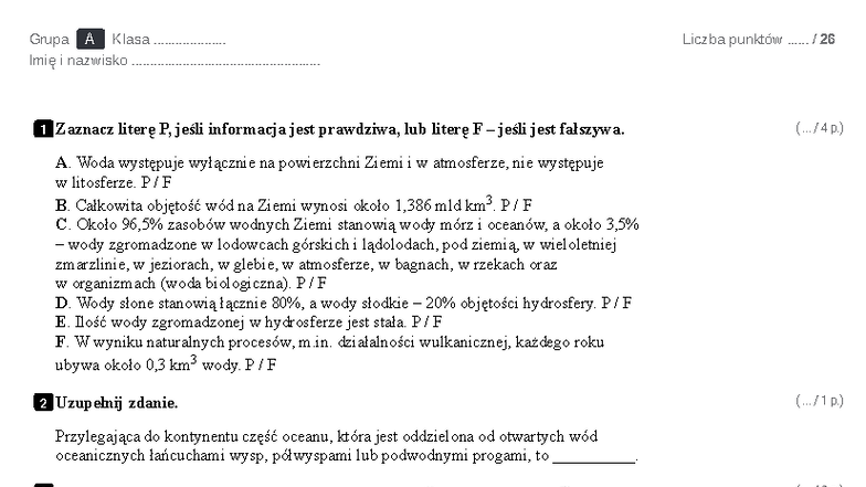 4 Oblicza Geogr 1 ZR - Hydrosfera - Test Grupa A i B - Document Preview