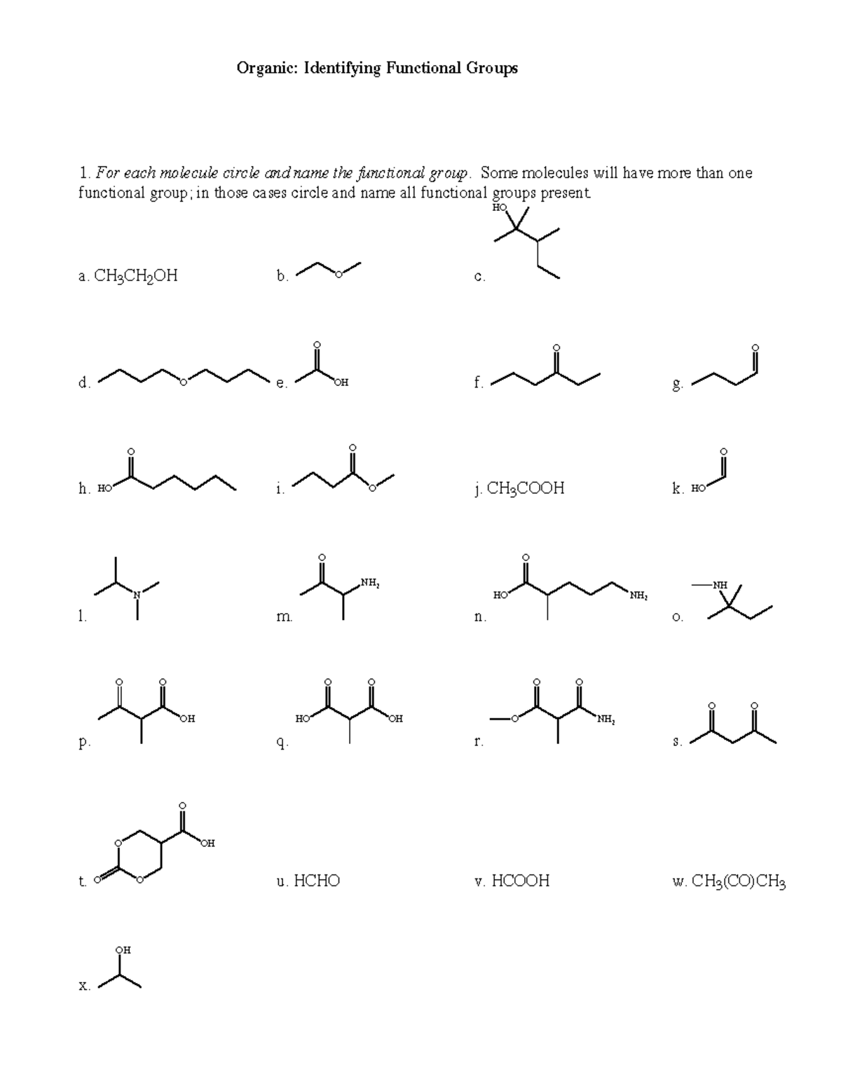 CHEMISTRY 104 Practice Sheet: Identifying Organic Functional Groups ...