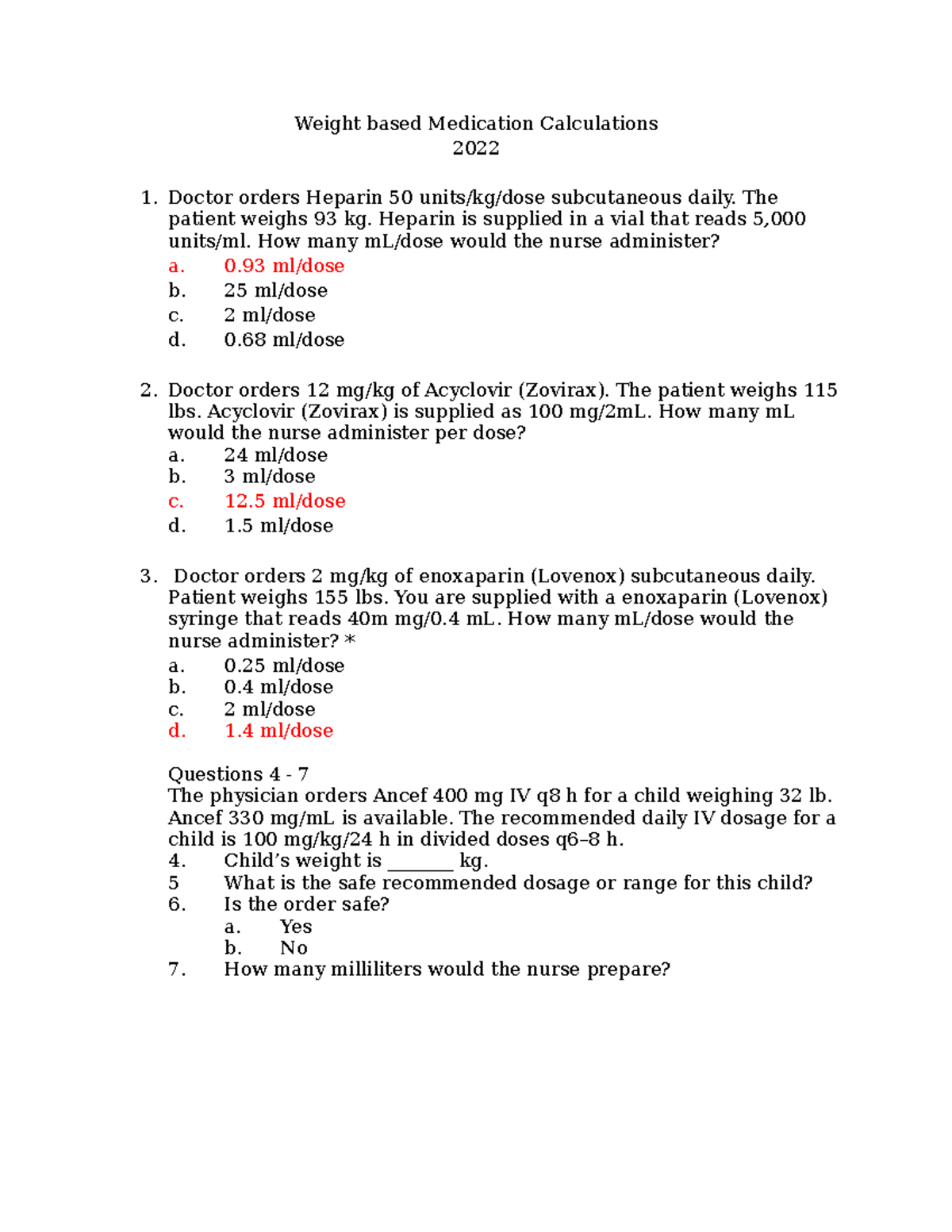 Weight-Based Med Admin Calculations (Nursing Practice) - Studocu
