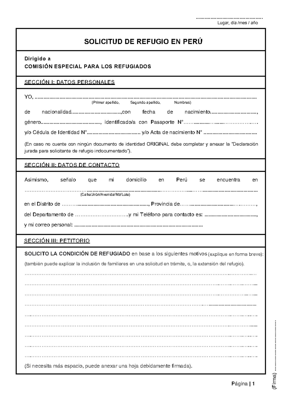 Solicitud de Refugio en Perú - Formulario Oficial 6607219 - Document Preview