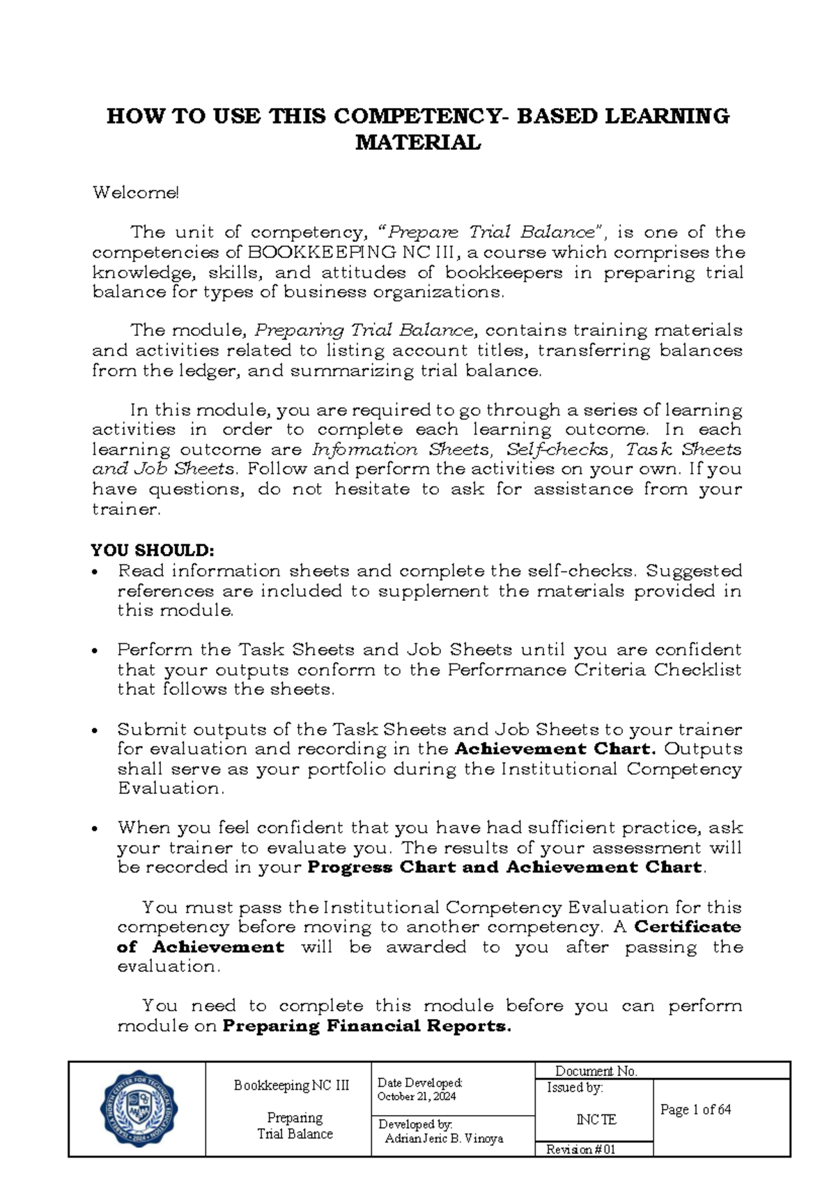 Bookkeeping NC: Preparing Trial Balance Learning Module - Studocu