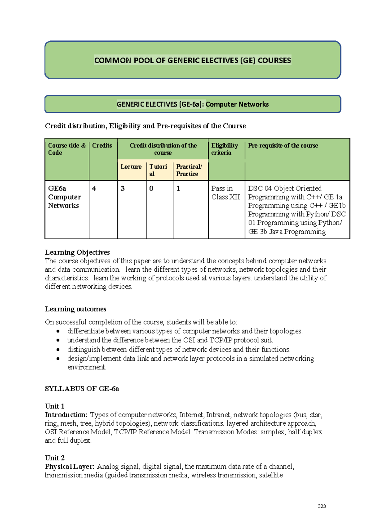 CS Sem 6 GE - Syllabus for Computer Networks & AI Courses - Studocu