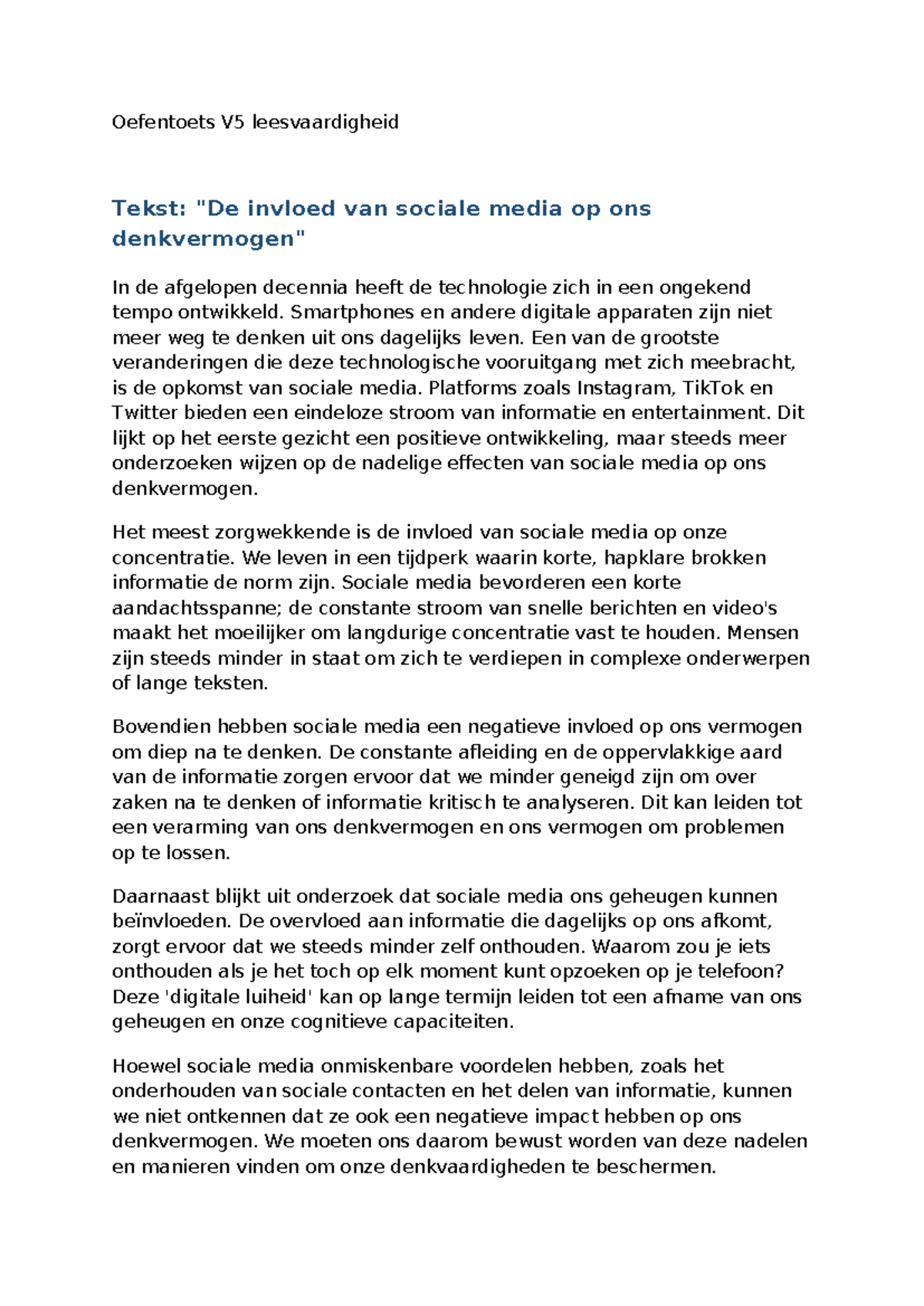 Oefentoets V5: Invloed van Sociale Media op Denkvermogen en ...