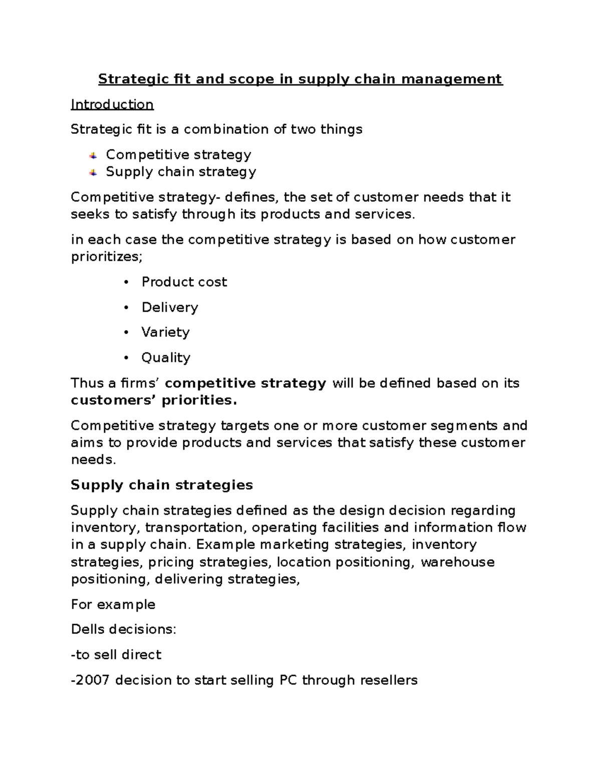 Supply Chain Management Strategies - Key Notes and Insights - Studocu