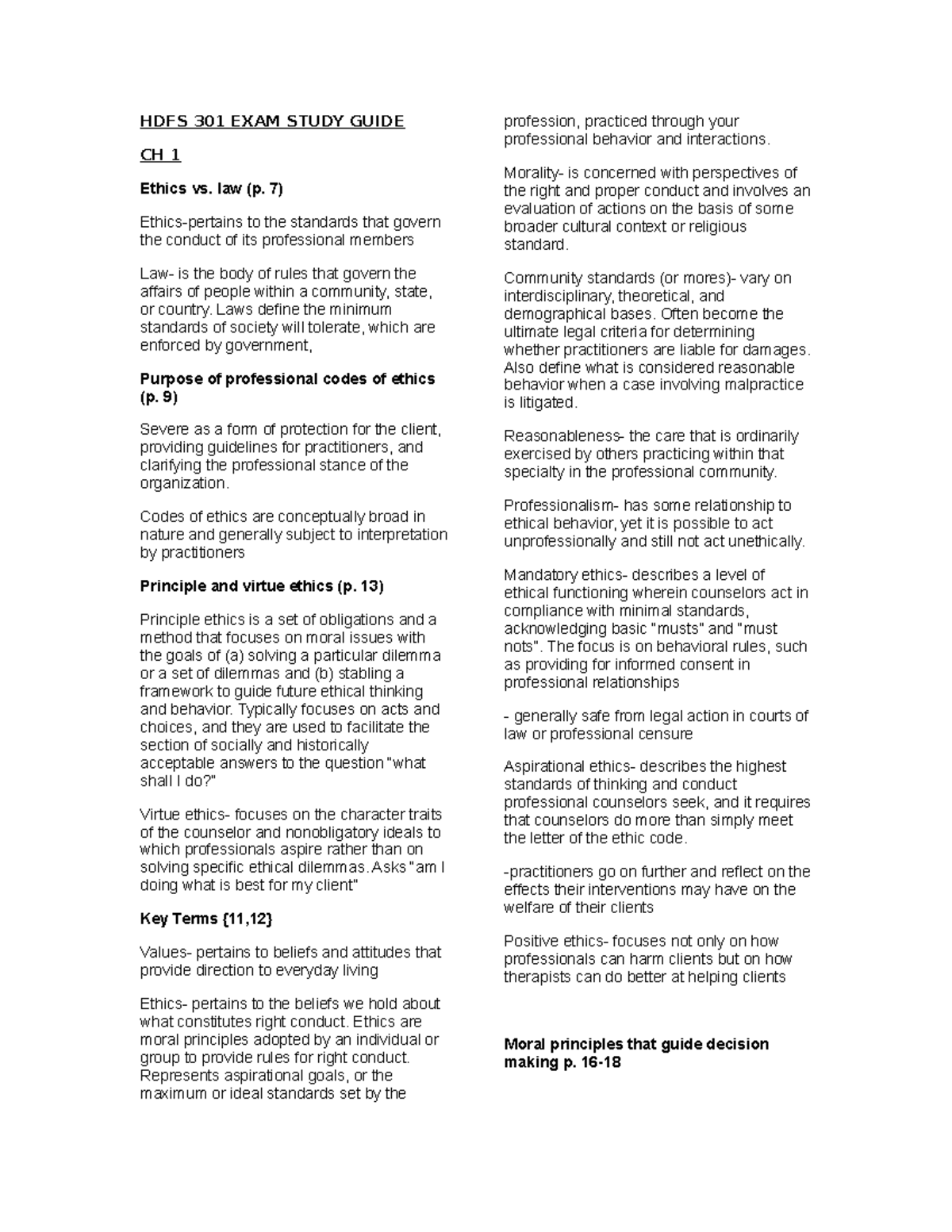 HDFS 301 Final Exam Study Guide: Ethics, Counseling, and Supervision ...