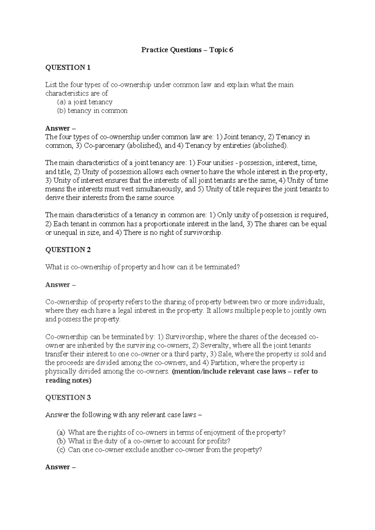 LA2021 Topic 6 - Common Law Property Rights & Joint Tenancy Analysis ...