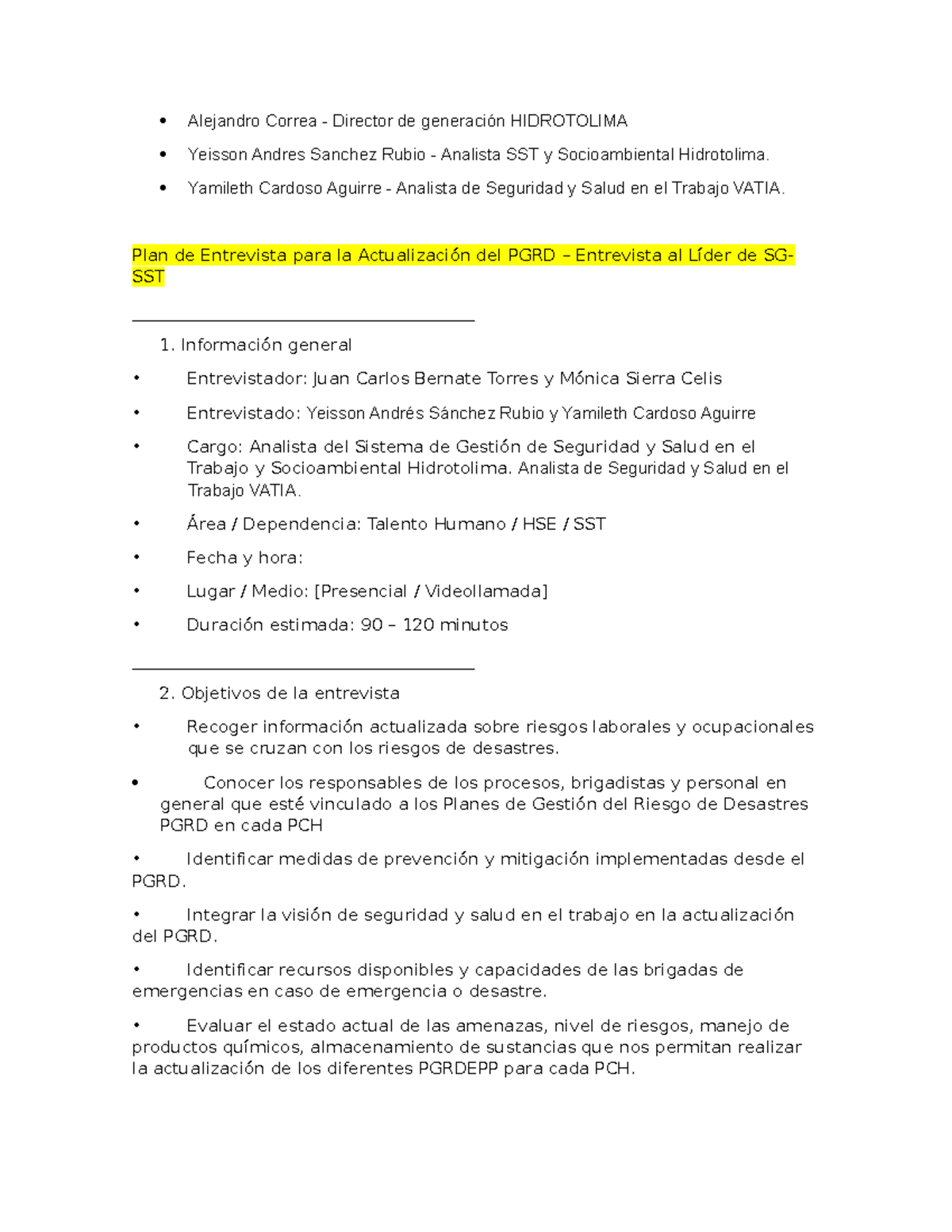 Plan de Entrevista para Actualización del PGRD - SST y Socioambiental ...
