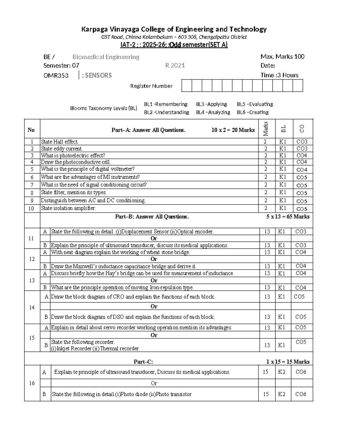IAT 2 - SET A - OMR353 - SENSORS PRACTICE QUESTIONS - Studocu