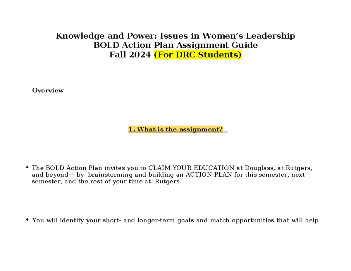BOLD Action Plan Guide for DRC Students - Fall 2024 (F24) - Studocu