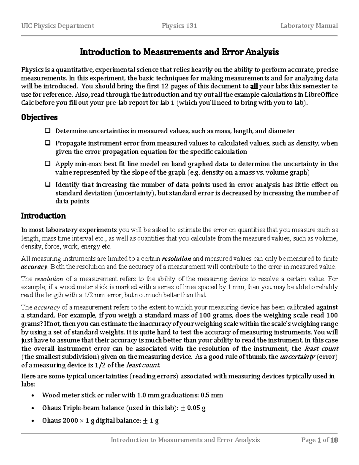 P131L01 Lab Manual v20220828 - Introduction to Measurements and Error ...