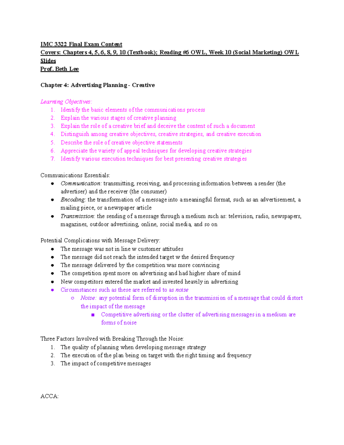 IMC 3322 Final Exam Review: Key Concepts and Strategies - Studocu