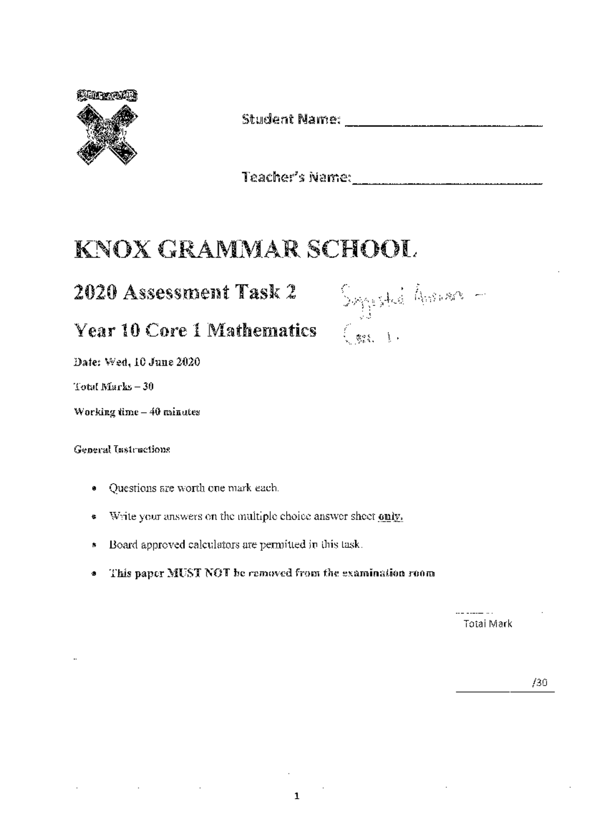 2020 Y10 Core 1 Mathematics AT2 Suggested Solutions - Studocu