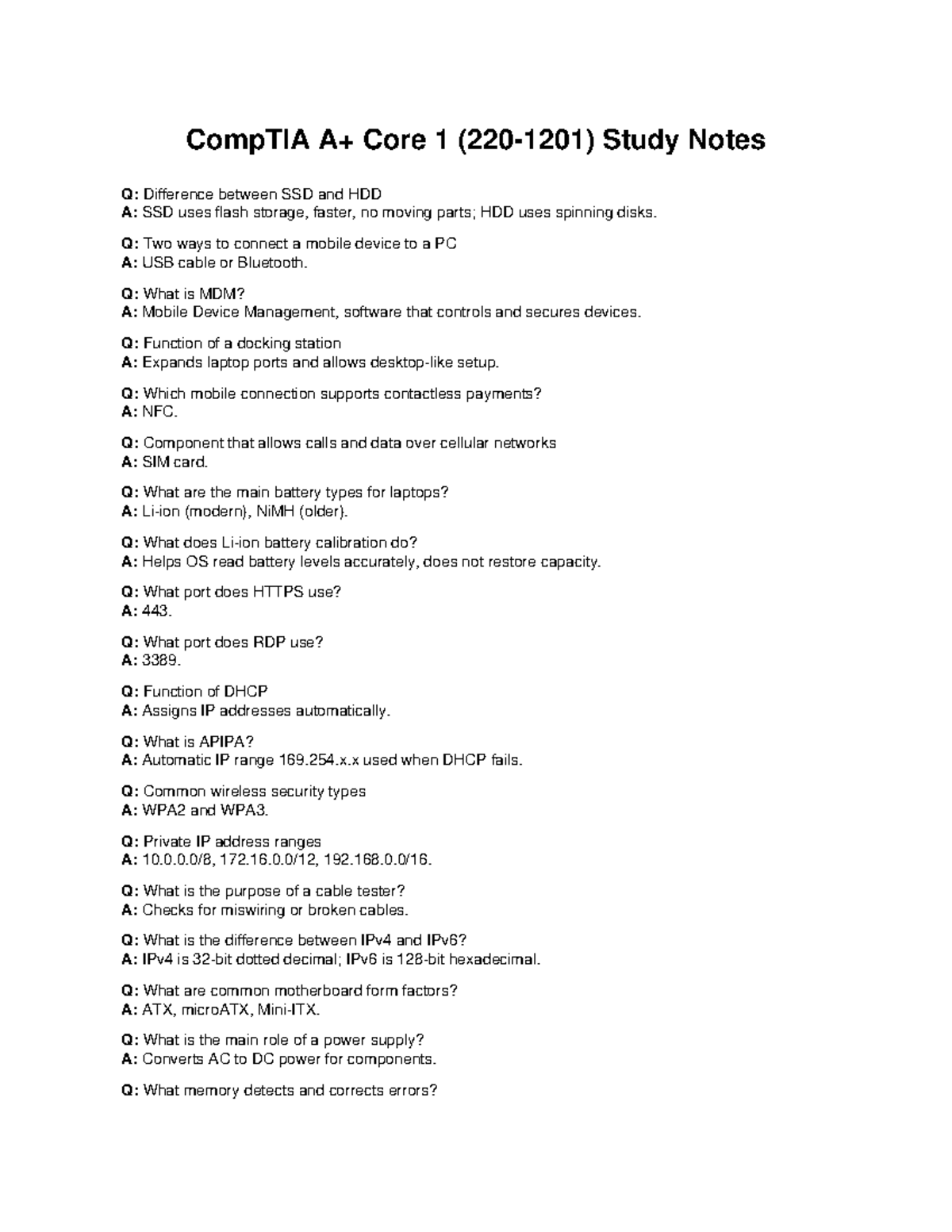 CompTIA A+ Core 1 (220-1201) Study Notes & Troubleshooting Tips - Studocu