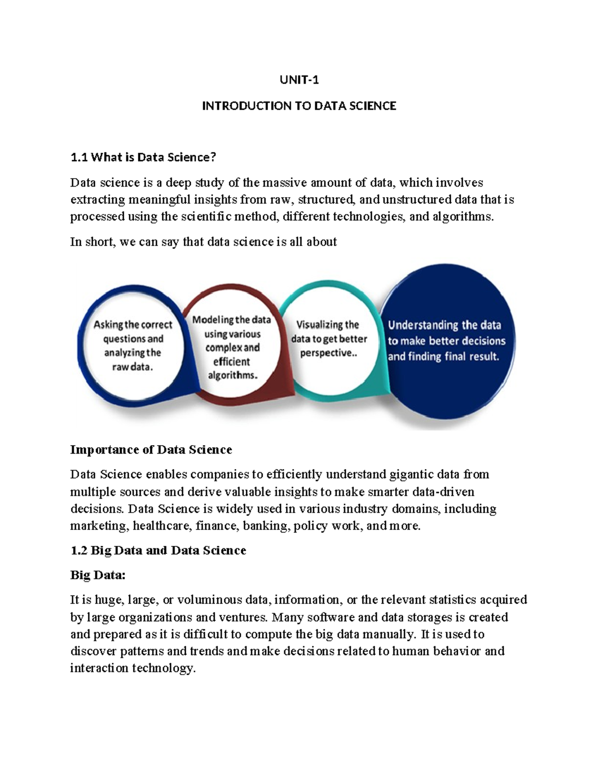 UNIT 1: Introduction to Data Science and Big Data Concepts - Studocu