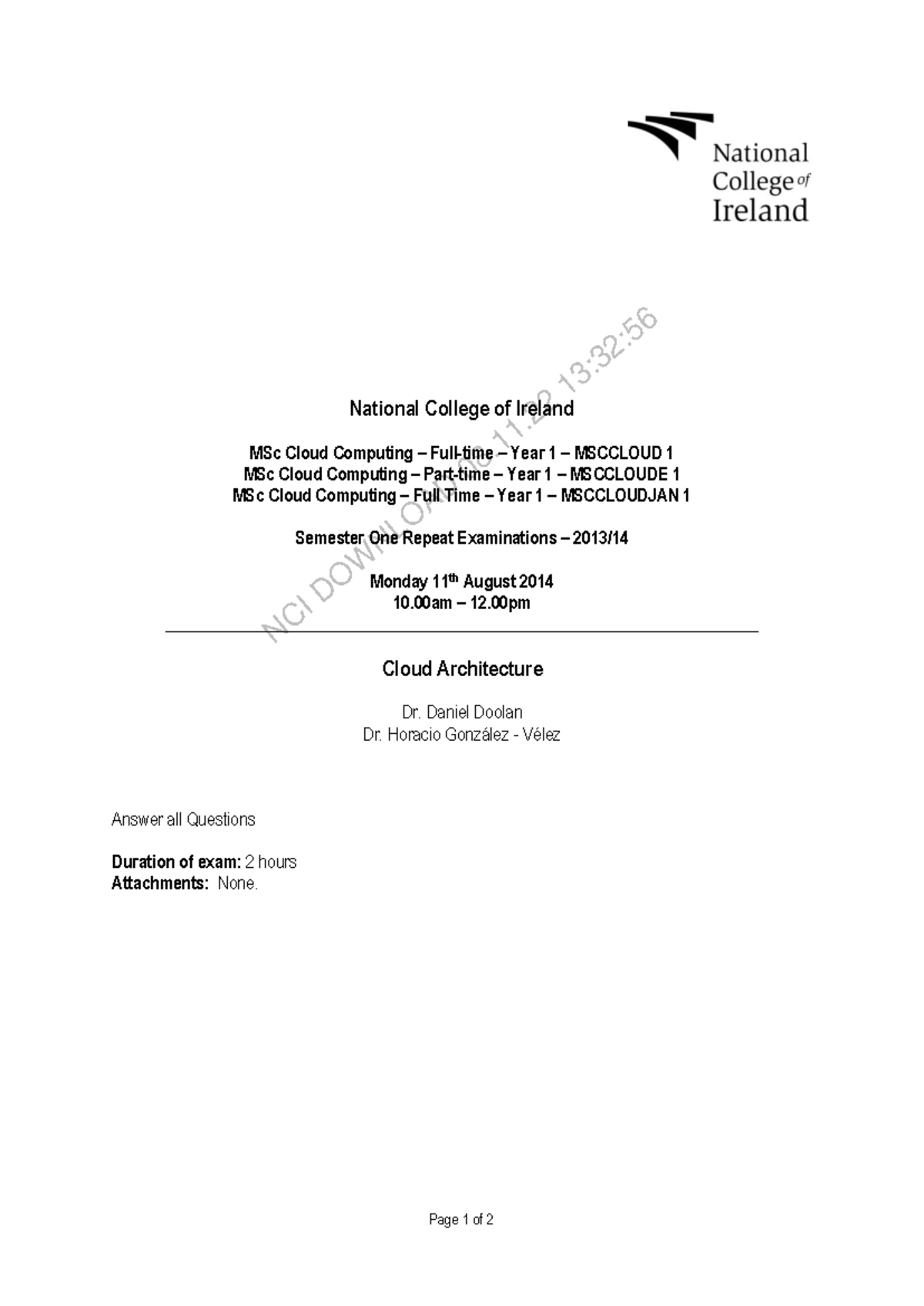 2013-2014 MSc Cloud Computing Final Exam - Cloud Architecture (MSCCLOUD ...