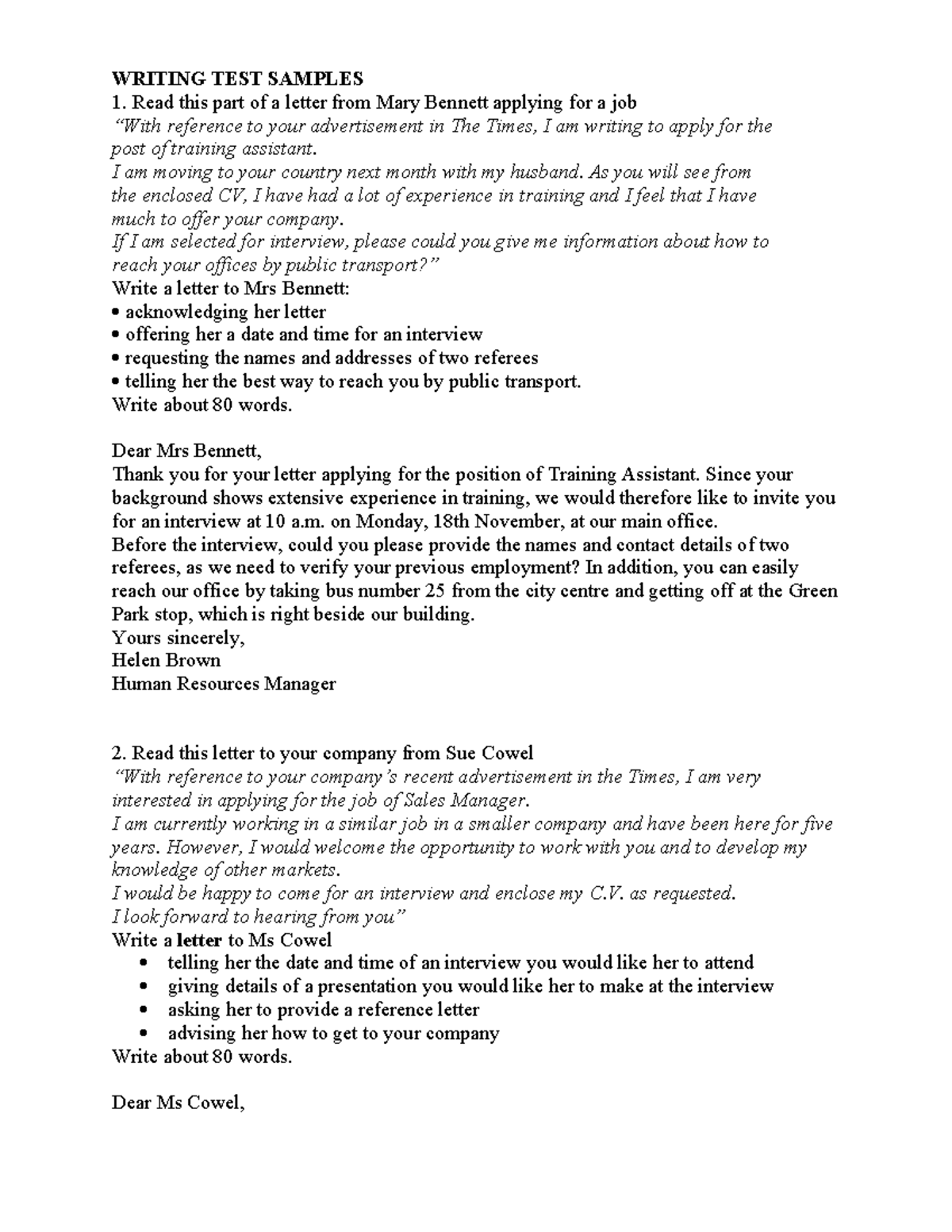 WRITING TEST SAMPLES: Job Application Letters & Responses - Studocu