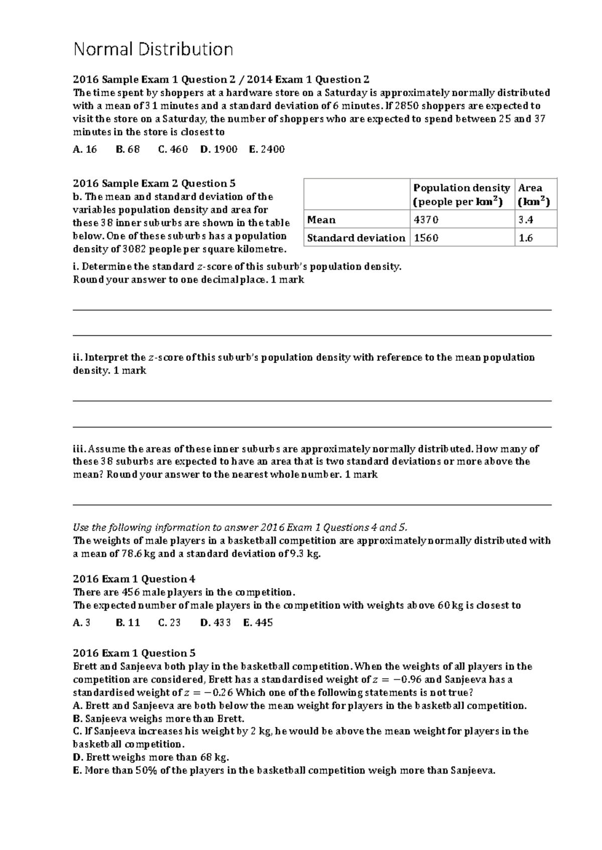 Normal Distribution: 2016 Sample & Exam Questions Analysis - Studocu