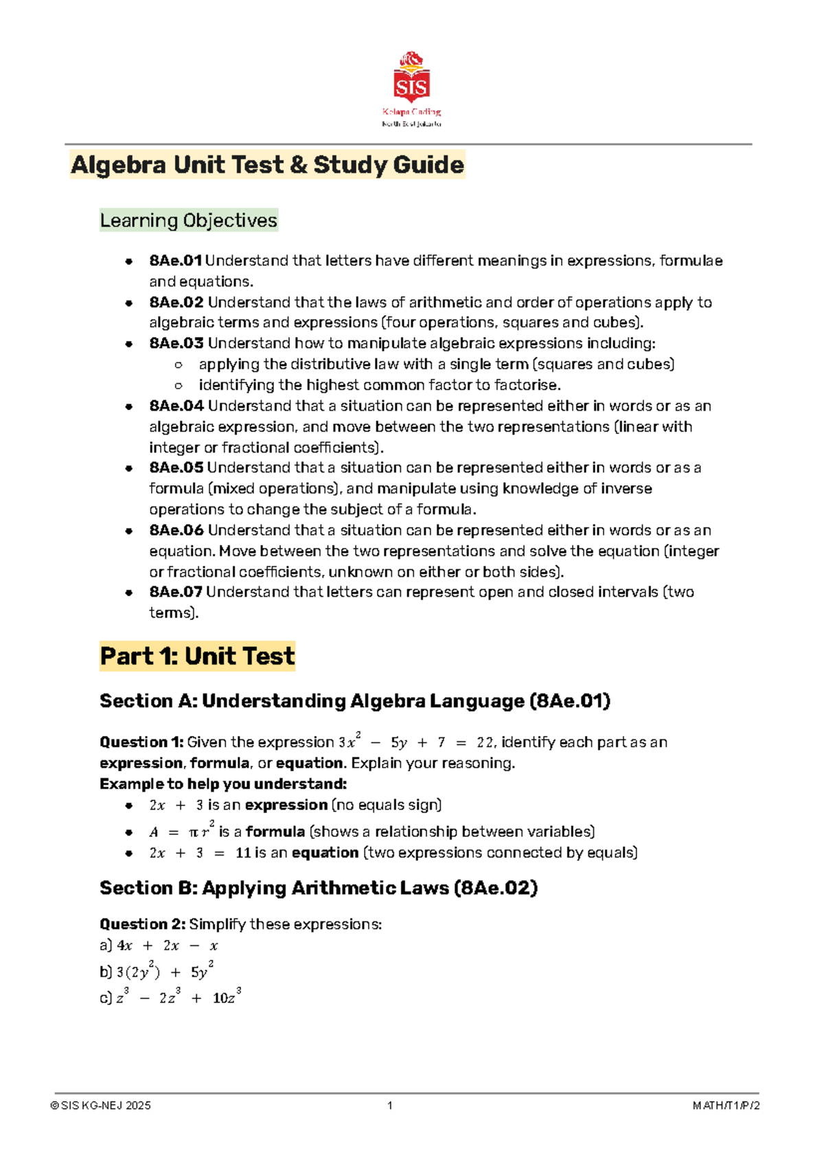 Algebra Unit Test Study Guide: Key Concepts & Objectives 8Ae - Studocu