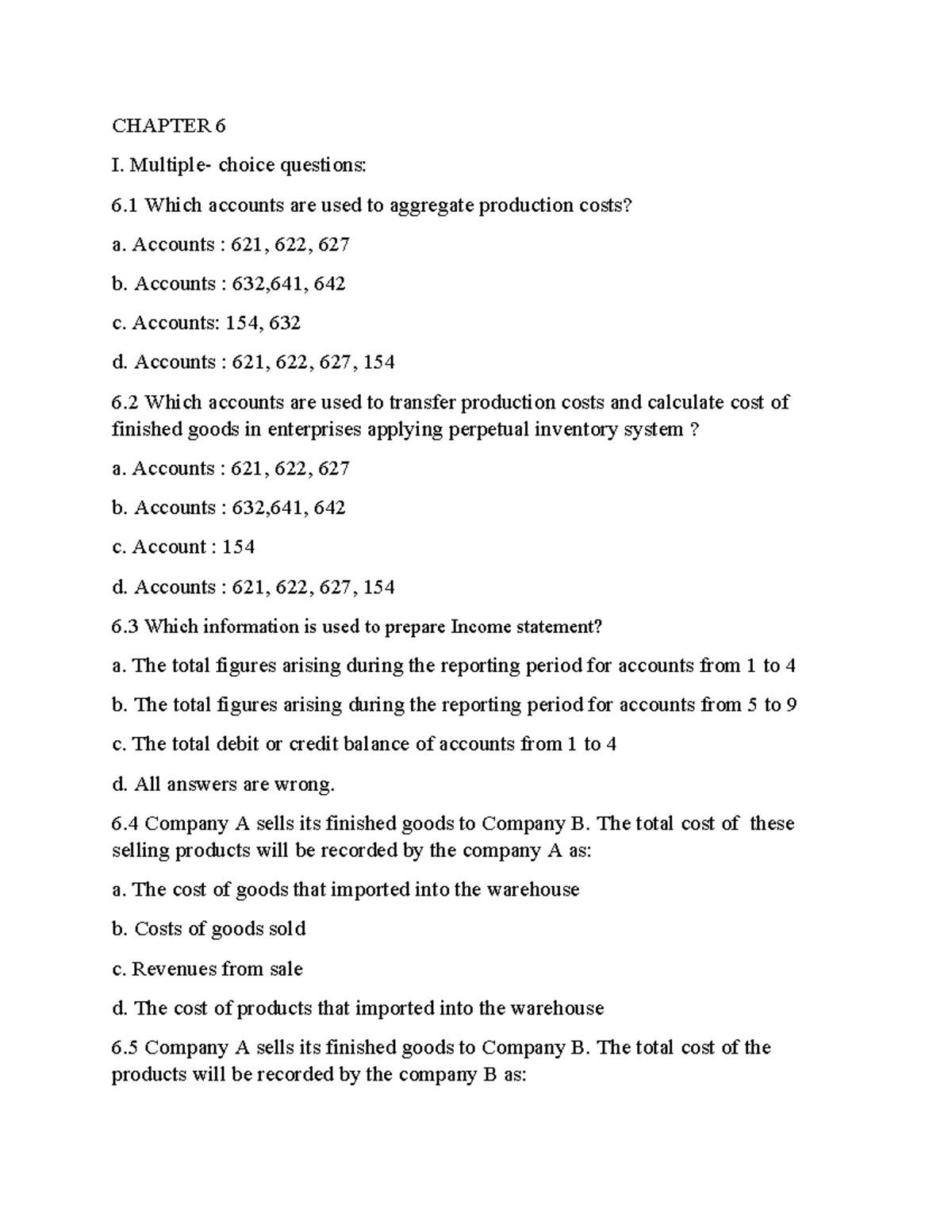 Chapter 6-MCQ Problems - CHAPTER 6 I. Multiple- choice questions: 6 ...