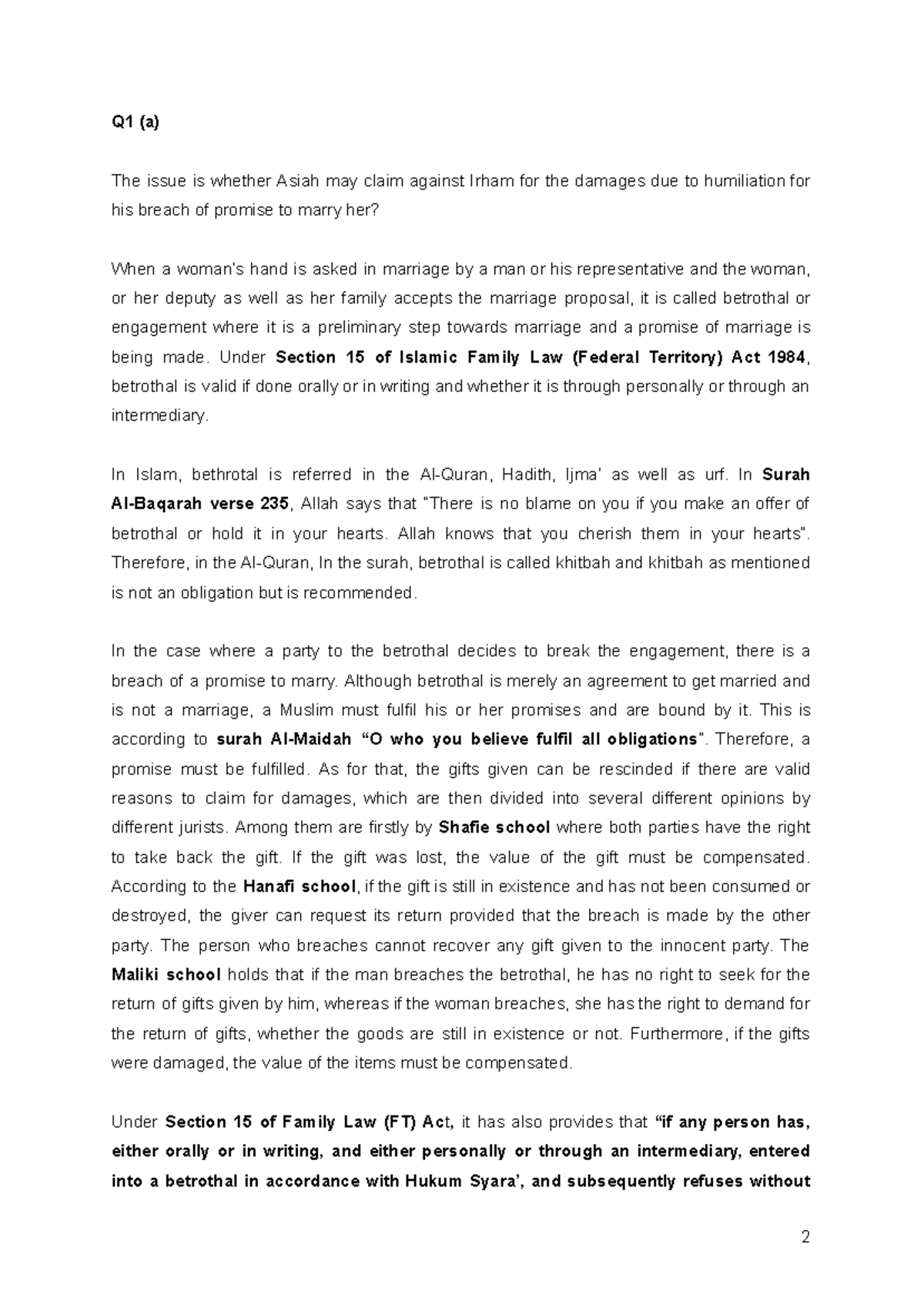 Family Law LAW605 - Breach of Promise to Marry & Wali Raja Analysis ...