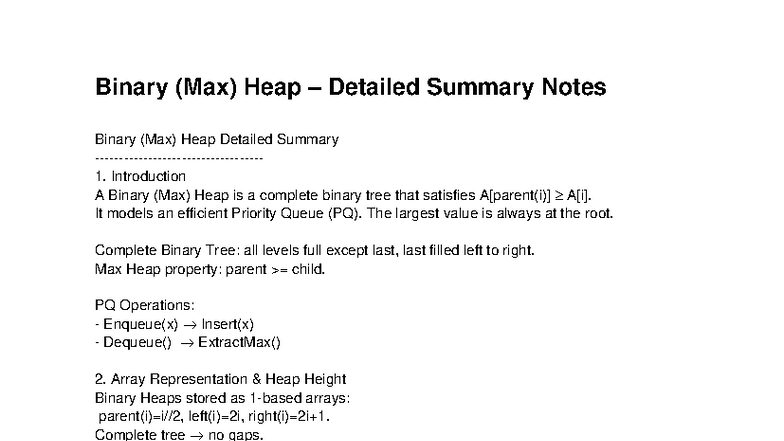 Binary Heap Long Summary - Binary (Max) Heap – Detailed Summary Notes ...